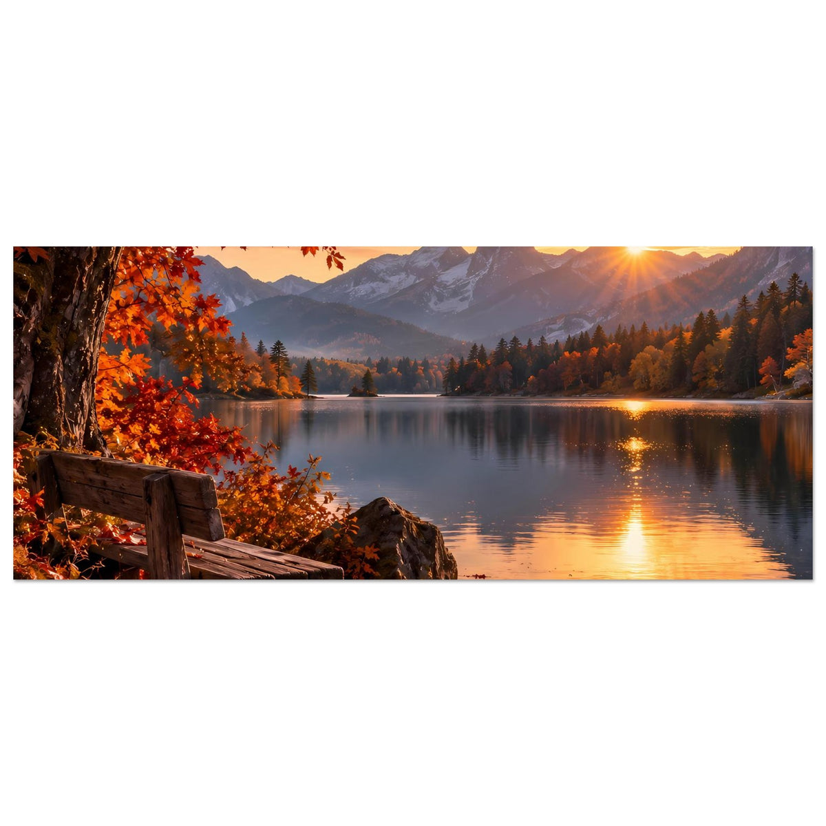 Herbstlandschafts-Poster im Querformat: See und Berge mit goldenem Sonnenlicht, rote Blätter