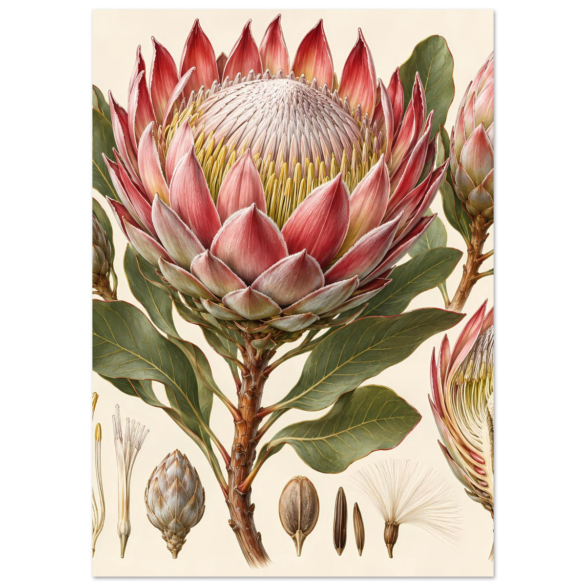 Botanisches Protea-Blumenposter auf matter Papierfläche, seitlicher Ausschnitt mit Blütenknospen