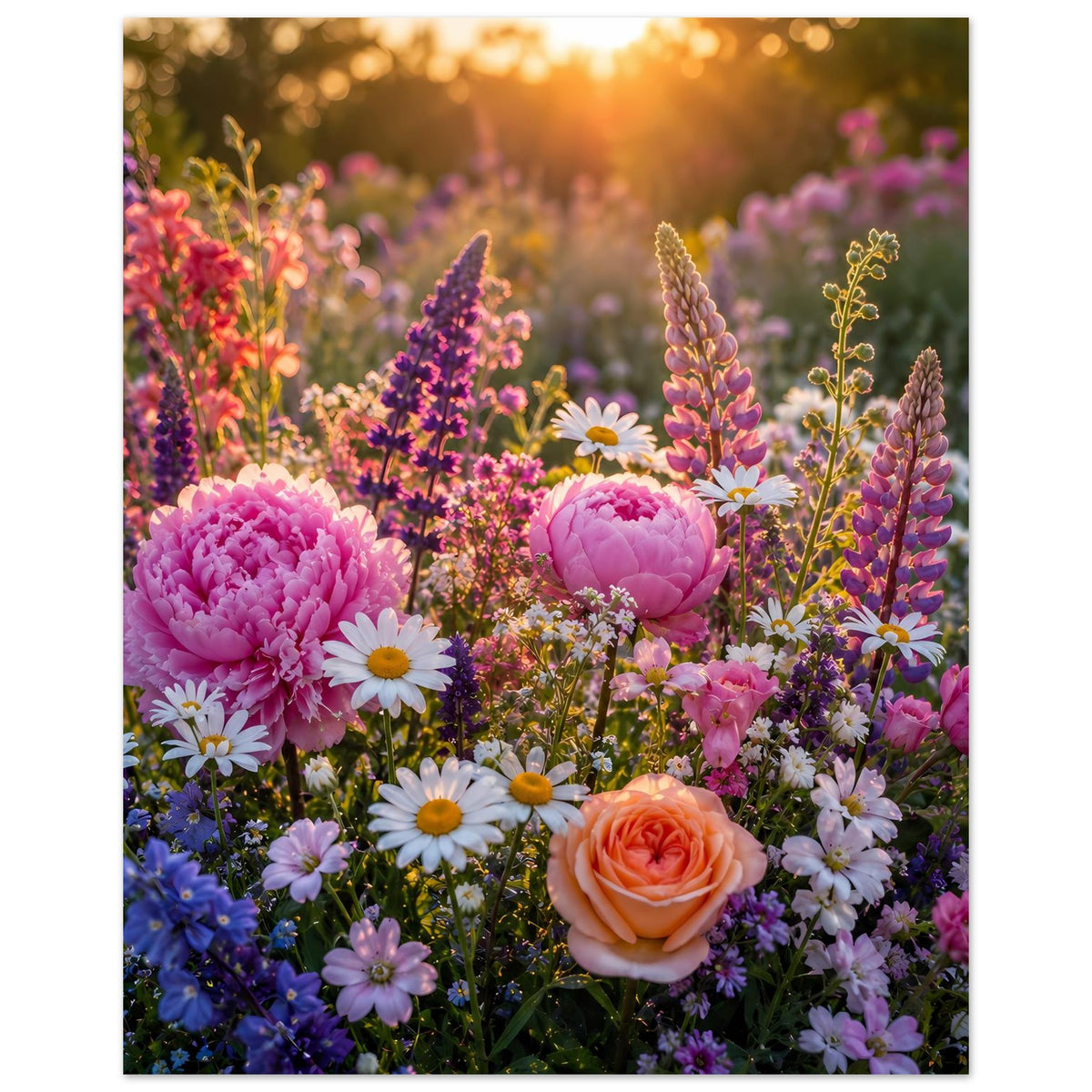 Blumenmeer-Poster: farbenfrohe Wildblumen mit Pfingstrosen und goldenem Licht
