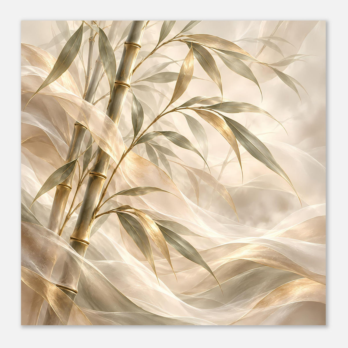 Bambus-Poster, horizontal: goldene Bambusrohre mit grünen Blättern auf hellem Elfenbein