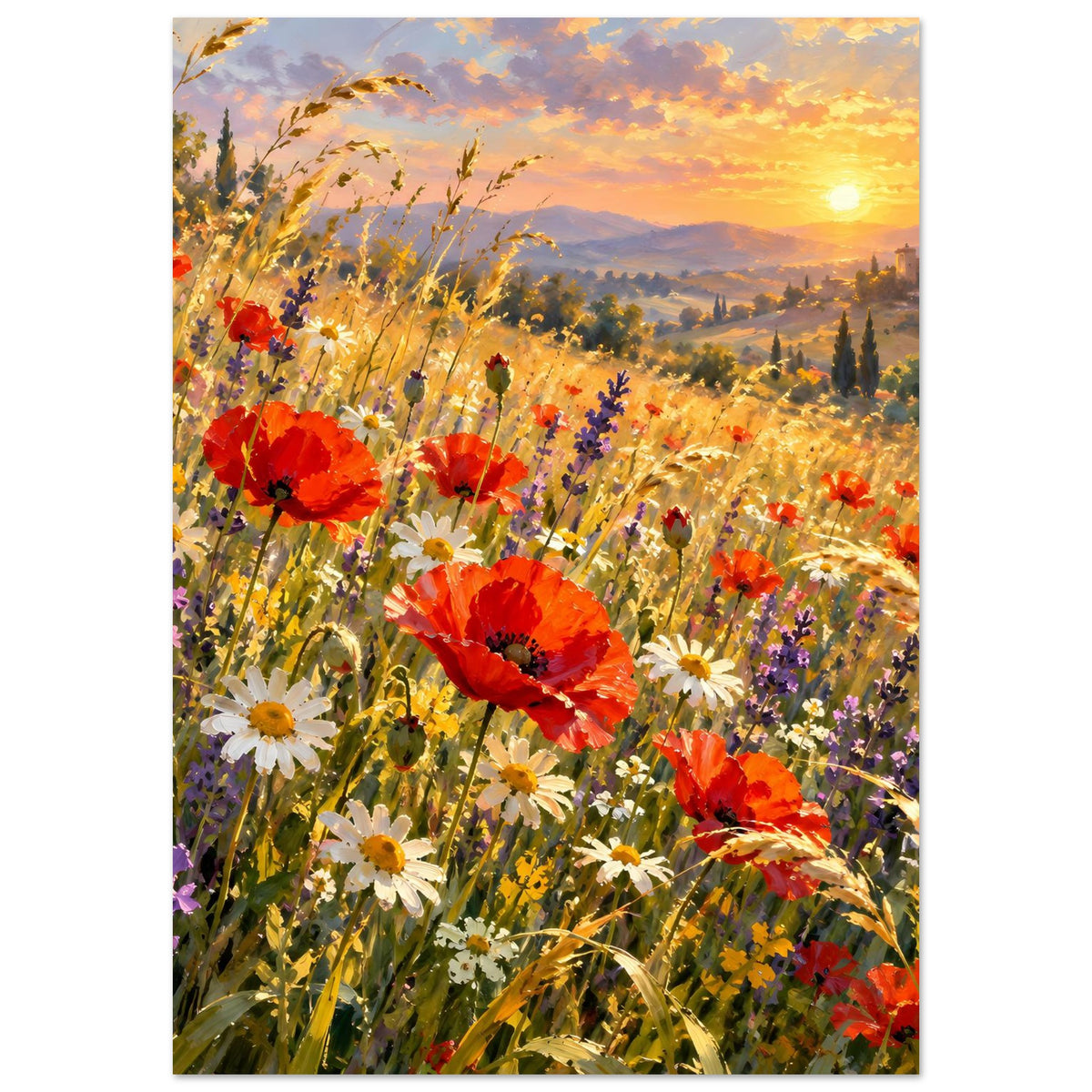 Wildblumenposter im Hochformat mit roten Mohnblumen und weißen Gänseblümchen im Licht der Sonne.