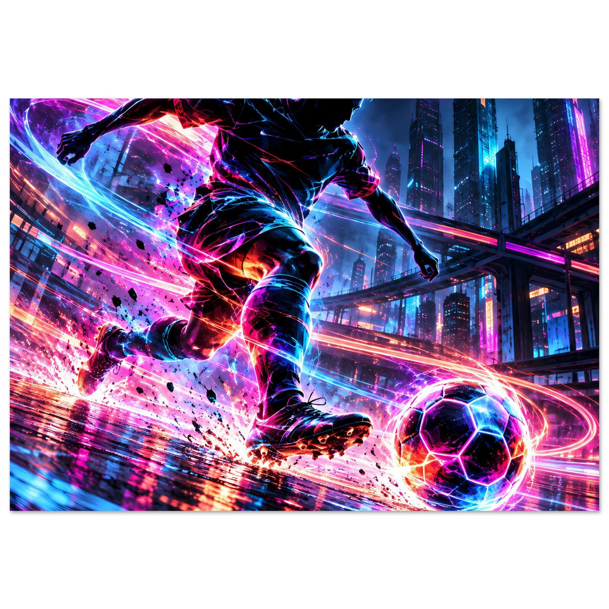 Neon-Soccer-Actionposter im Querformat: Action-Fußballer mit Neonlinien, Ball im Lichtbogen