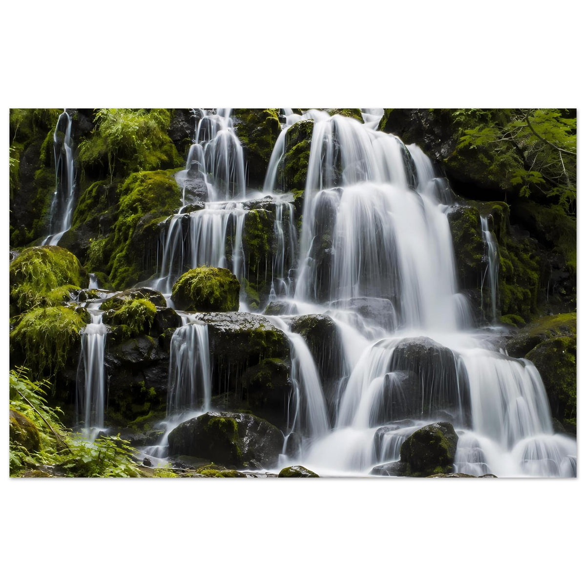 Wasserfall-Poster, horizontales Bild mit weißem Wasser und sattem Grün von Moos und Felsen