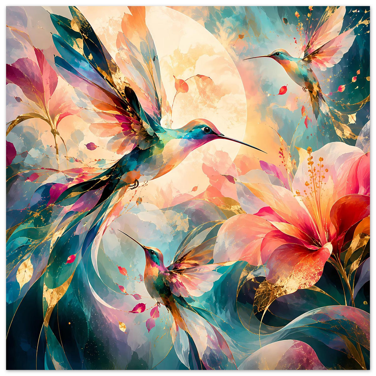 Gerahmtes Kunstposter im Hochformat: Kolibri zwischen Blüten und farbintensiven Verläufen