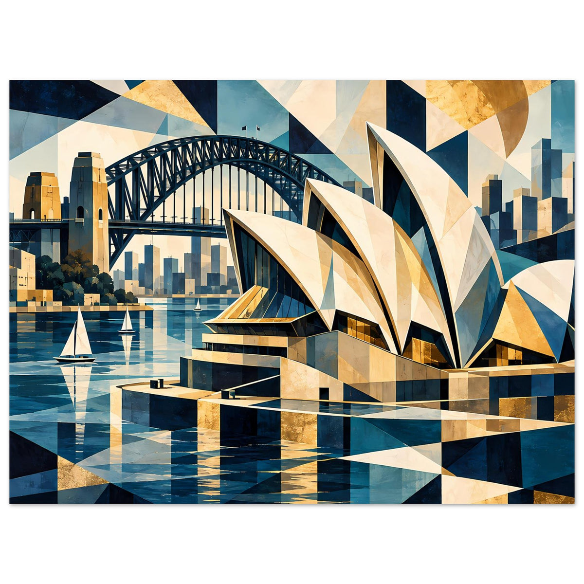 Poster mit geometrischer Sydney-Hafenillustration, Opernhaus, Brücke und Boote im Wasser