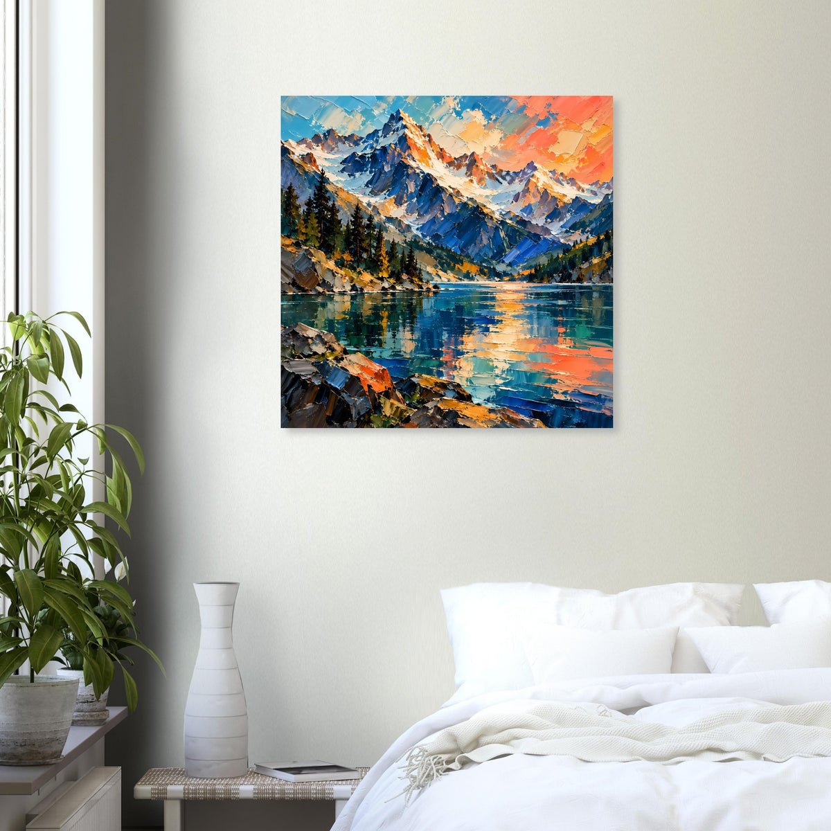 Quadratisches mattes Poster mit Bergsee-Landschaft und farbigem Himmel