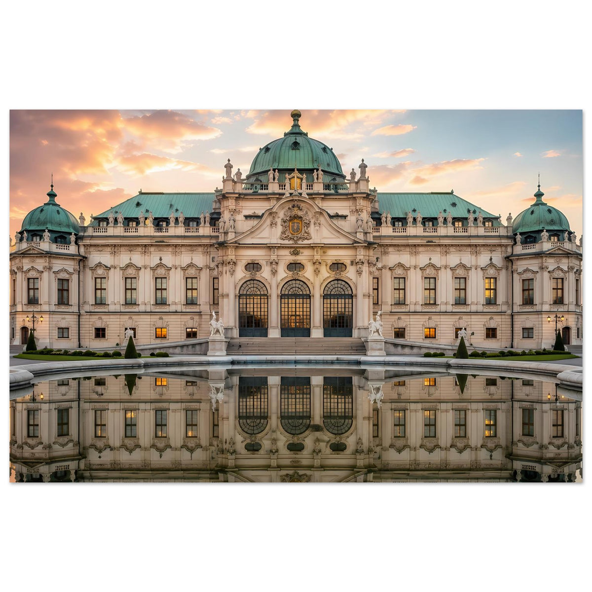Schloss-Poster im Panorama: Barockgebäude mit grüner Kuppel und Wasserspiegelung