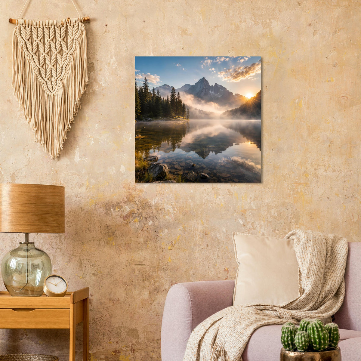 Gerahmtes Poster mit Bergsee und Nebelstreifen, reflektiert im Wasser.