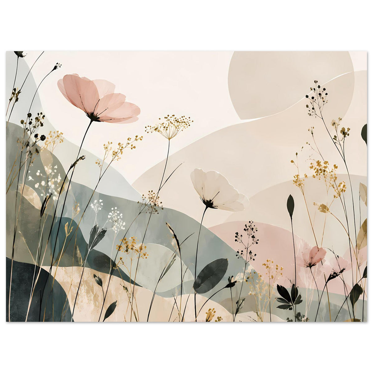 Blumenposter im Querformat: Pastellblüten, Gräser und florale Detailpunkte auf mattem Papier