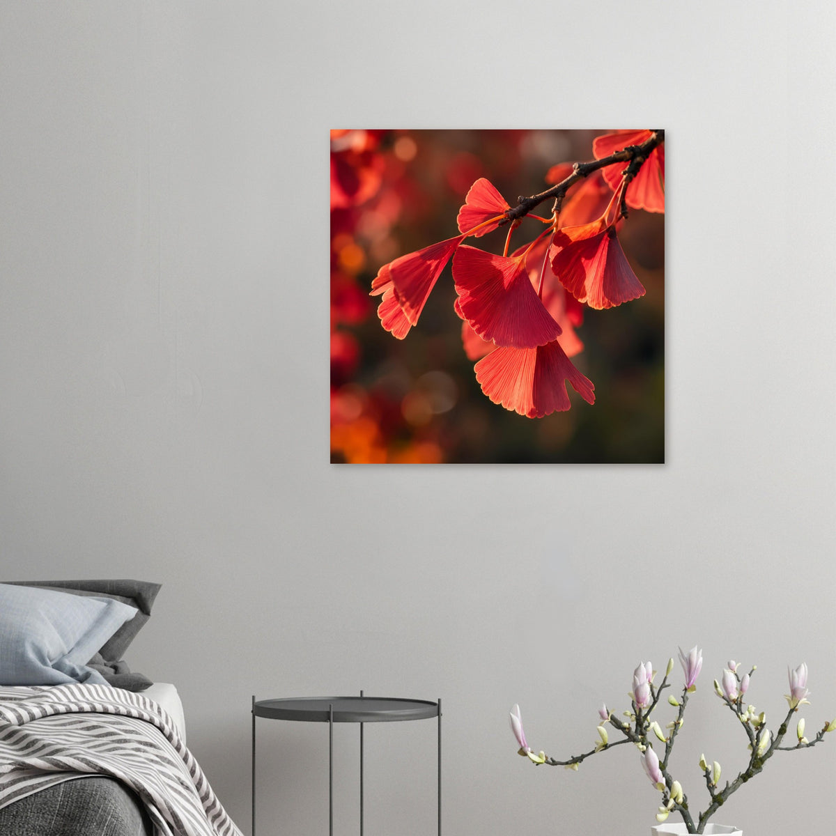 Kleines Poster mit roten Ginkgo-Blättern am Zweig, quadratisch