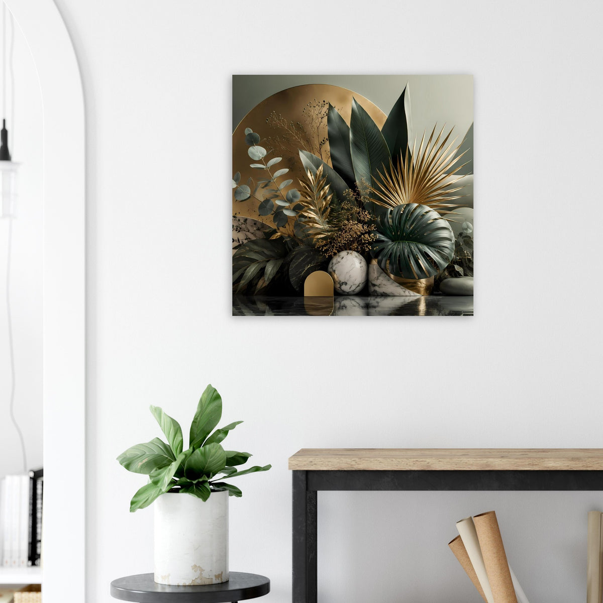 Botanisches Wandposter mit Blättern, goldfarbenen Partien und Marmorstapel-Optik