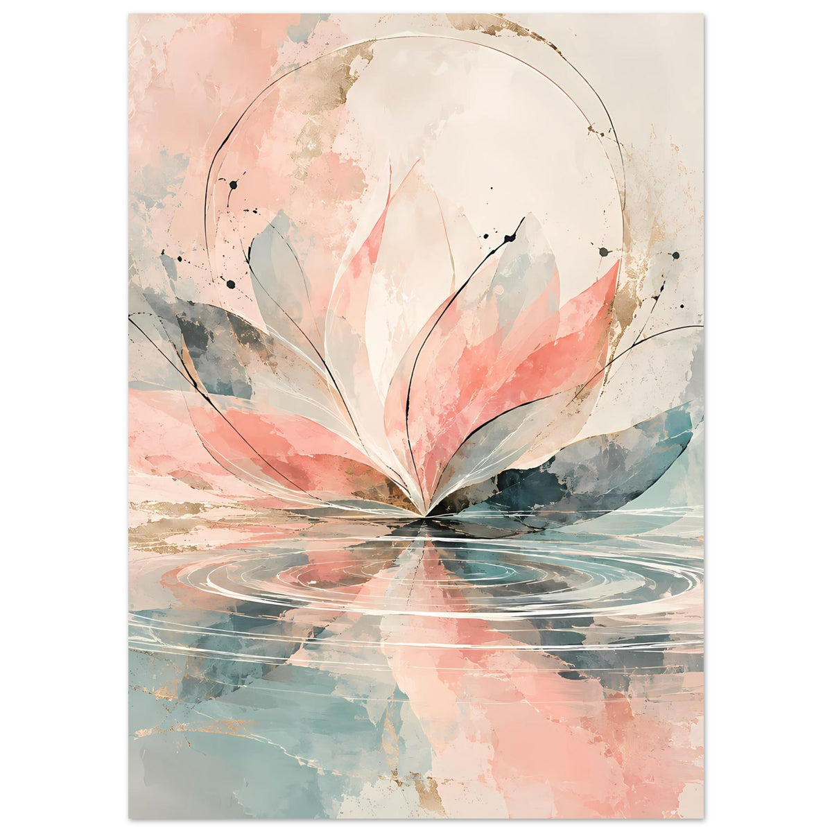 Aquarellblüten-Kunstposter mit abstrahierten Blütenblättern in Rosa, Pastellblau und Wasserreflexen
