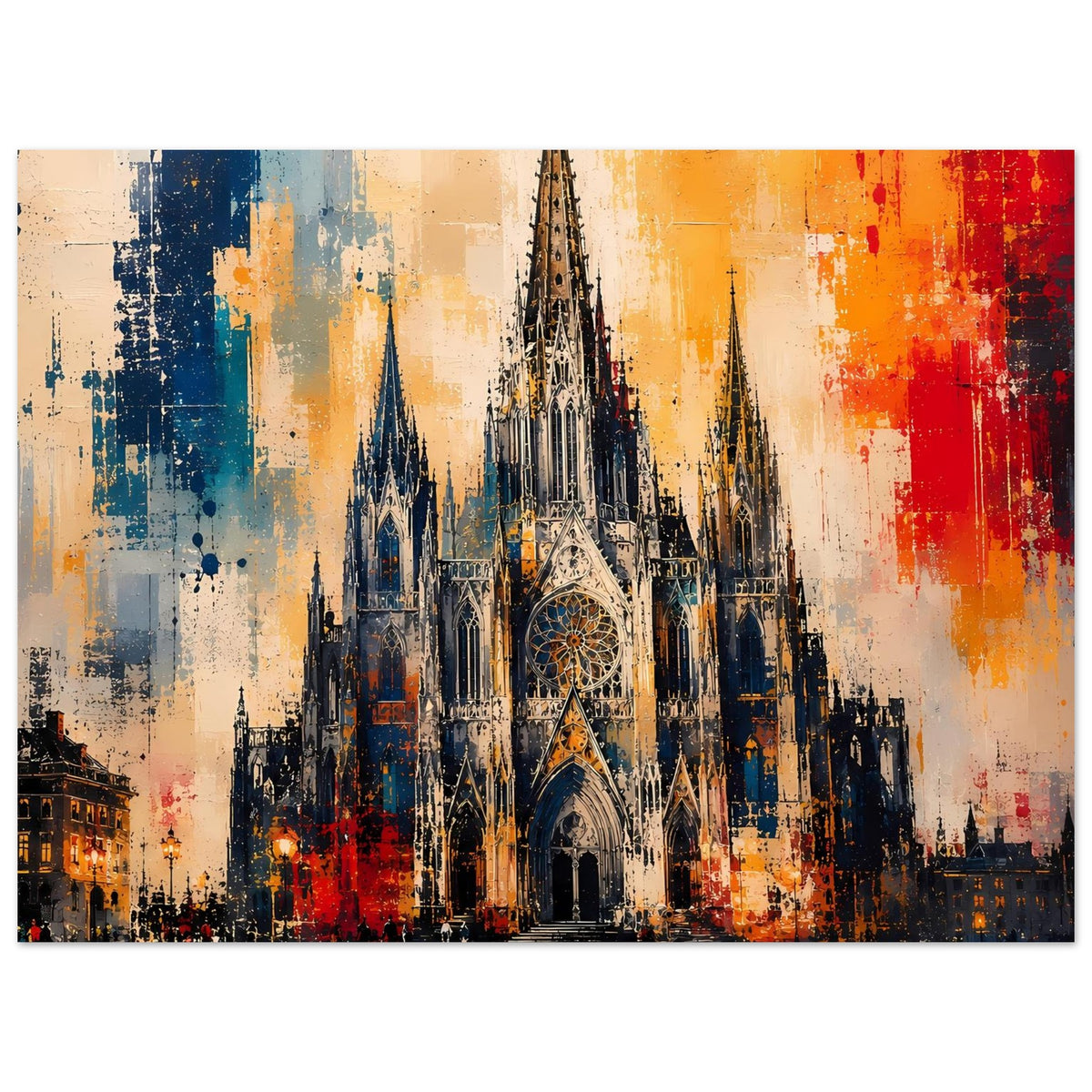 Breites Poster mit gotischer Kathedrale, vollständige Türme, Farbspritzer in Blau, Gelb und Rot