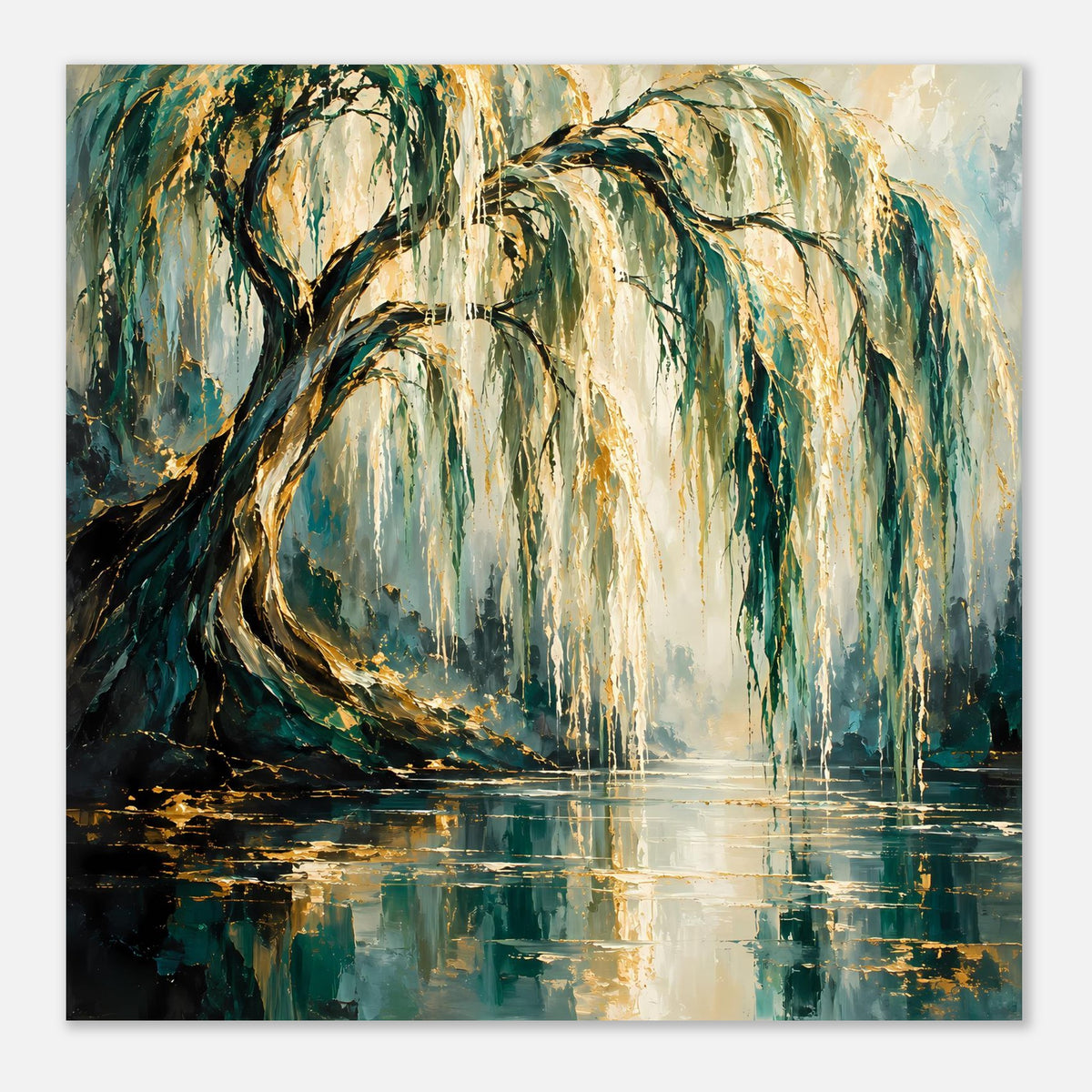 Poster im Querformat mit Trauerweide in Grün und Gold, glänzender Spiegelung im Wasser
