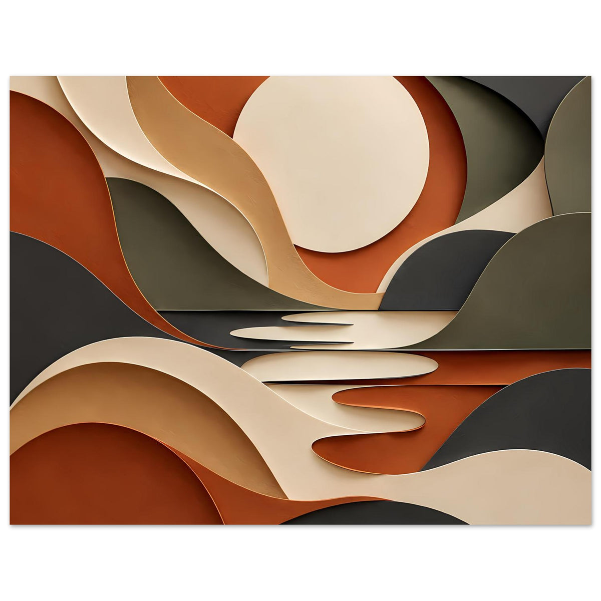 Horizontales Kunstposter mit großen Kreisen und geschwungenen Bahnen in Terrakotta und Salbeigrün