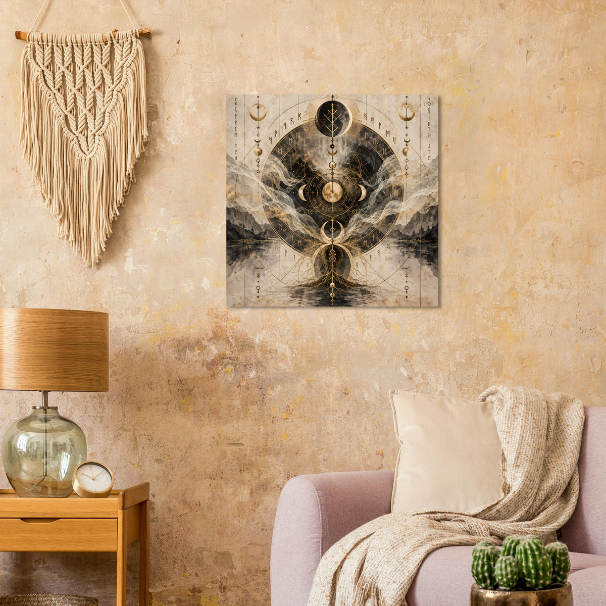 Wandposter mit abstraktem Mondphasen-Design in Gold, Schwarz und Beigetönen