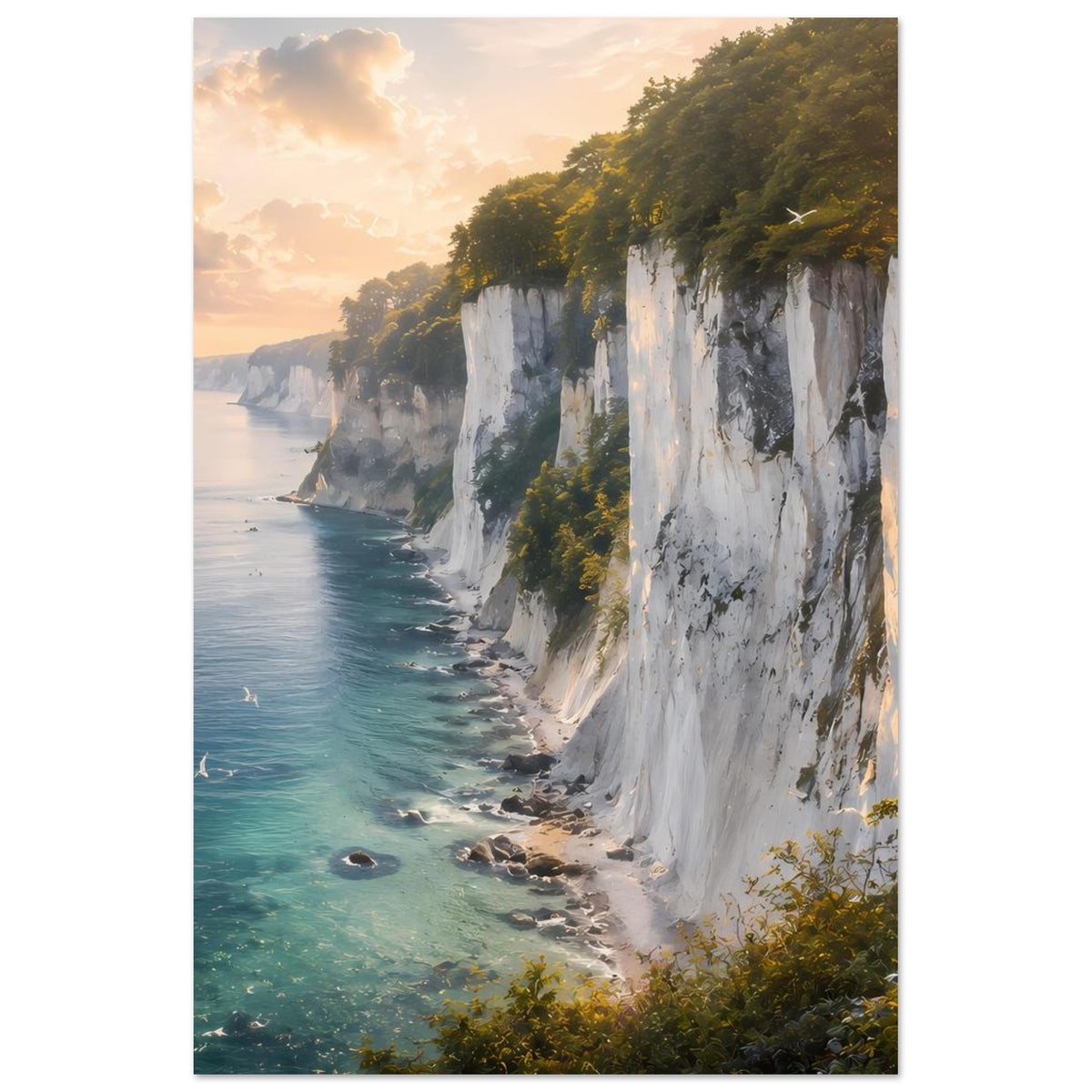 Vertikales Poster mit weißen Felsklippen, türkisblauem Wasser und üppigem Grün.