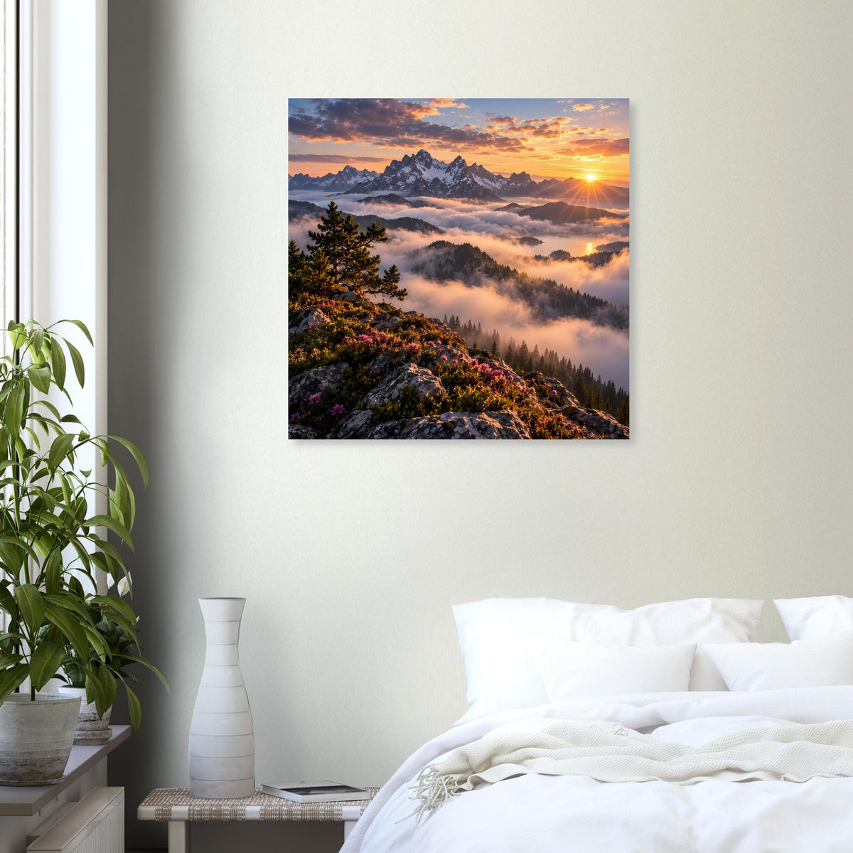 Quadratisches Wandposter mit Sonnenaufgang über einer Bergkette und Wolken