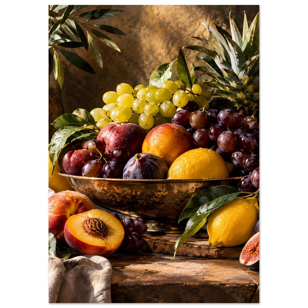 Poster mit Obstschale voller Früchte: Weintrauben, Orange und Beeren, umrahmt von Blättern