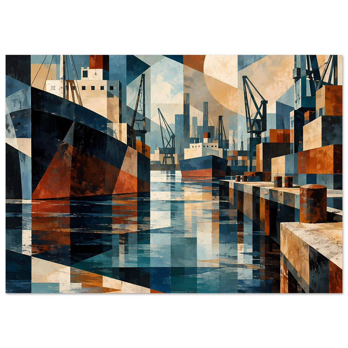 Hafen-Poster mit geometrischer Darstellung, kräftiges Blau und Erdtöne, rechteckig