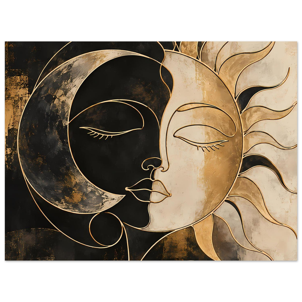 Kunstposter mit kontrastierendem Mond- und Sonnengesicht, goldene Verzierungen, abstrakter Hintergrund