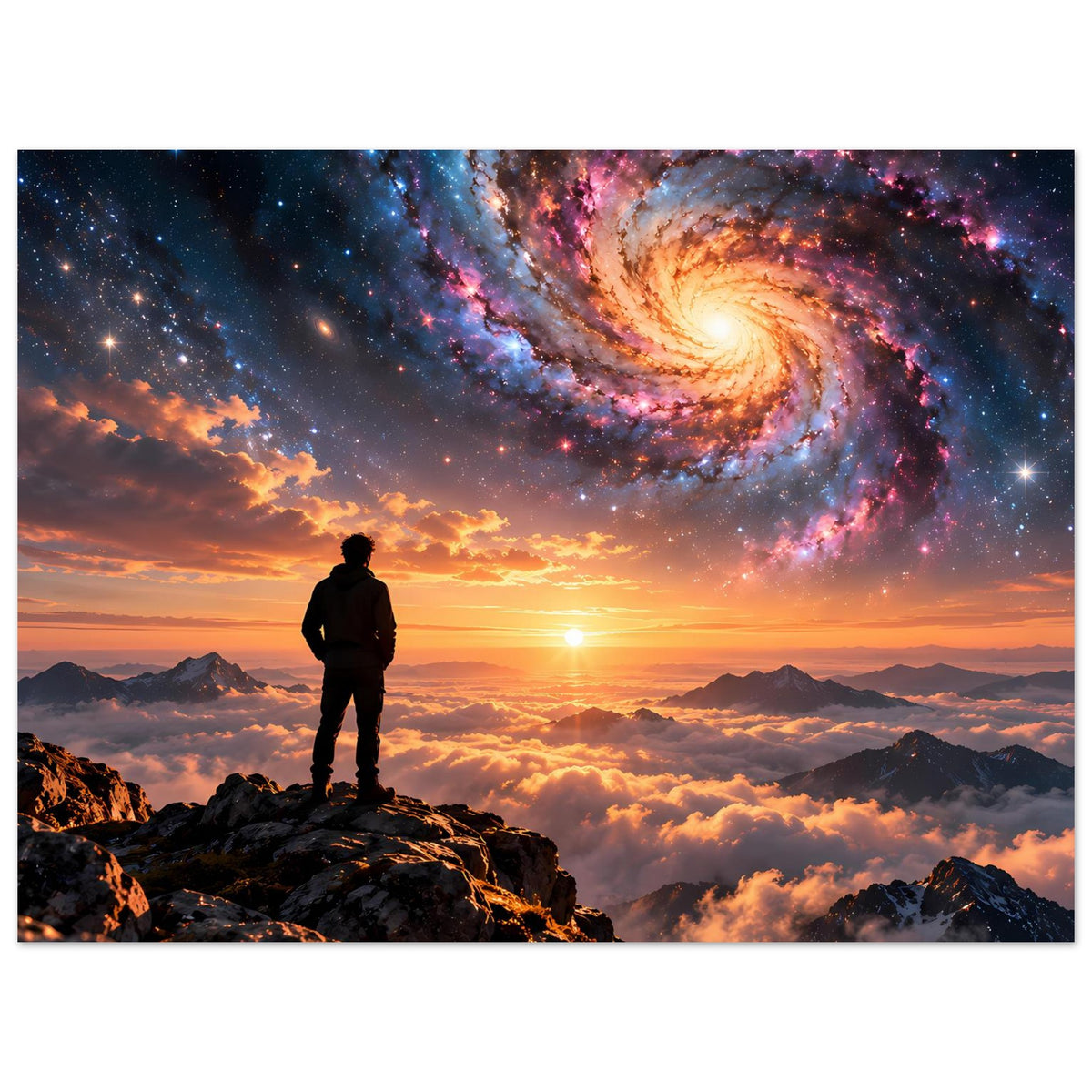 Breites Poster mit Spiralgalaxie, Wolkenmeer und Sonnenuntergang; Person auf Felsen