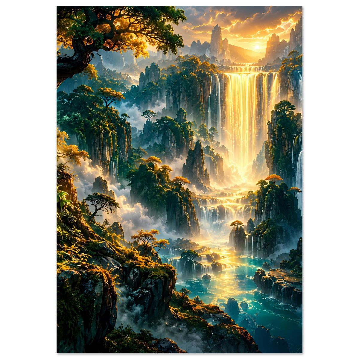 Vertikales Fantasy-Landschaftsposter mit Wasserfall, grünen Baumkronen vorn und warmem Himmel oben.