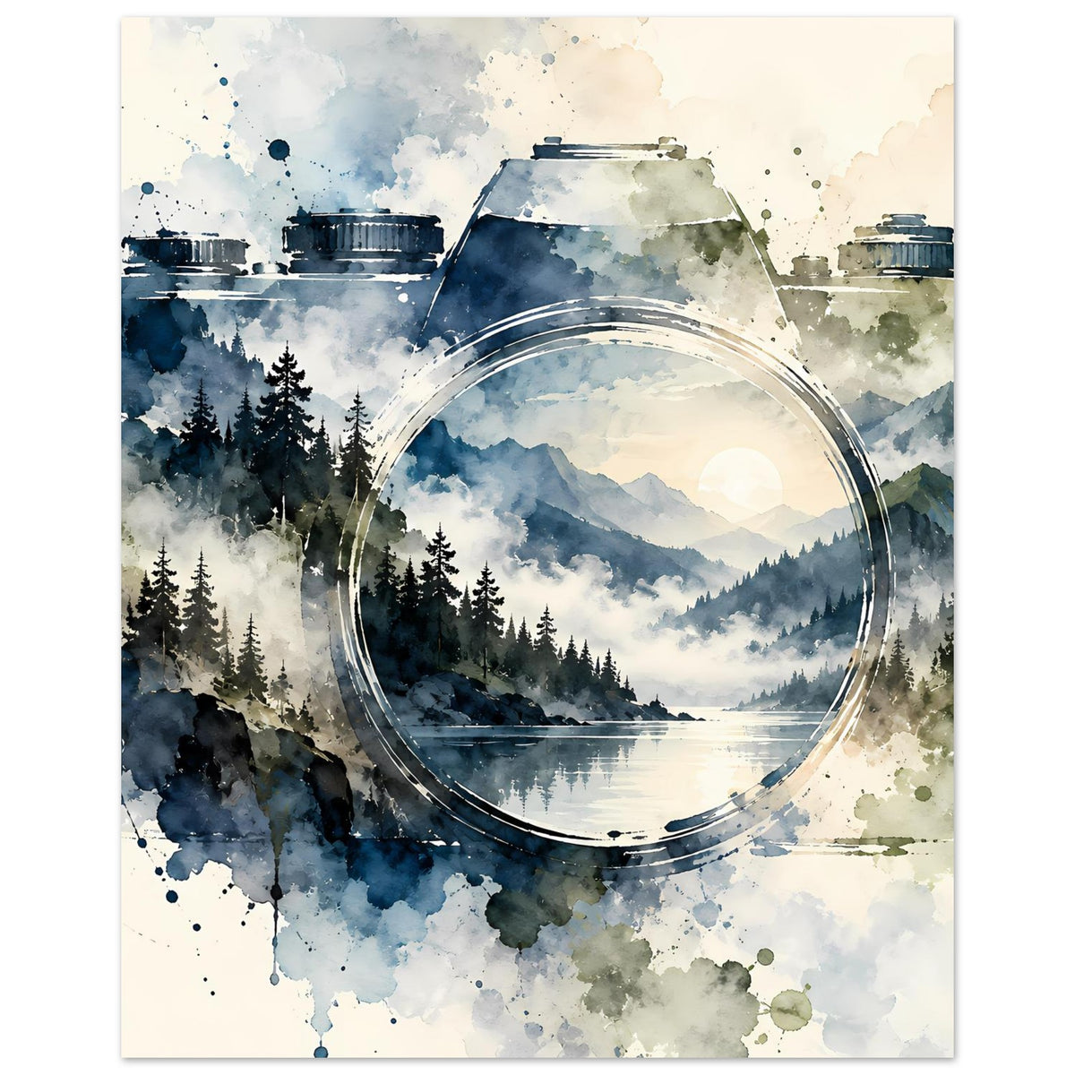 Aquarell-Poster mit Kamera-Silhouette und Kreisobjektiv über nebligen Bergen und Nadelwäldern.