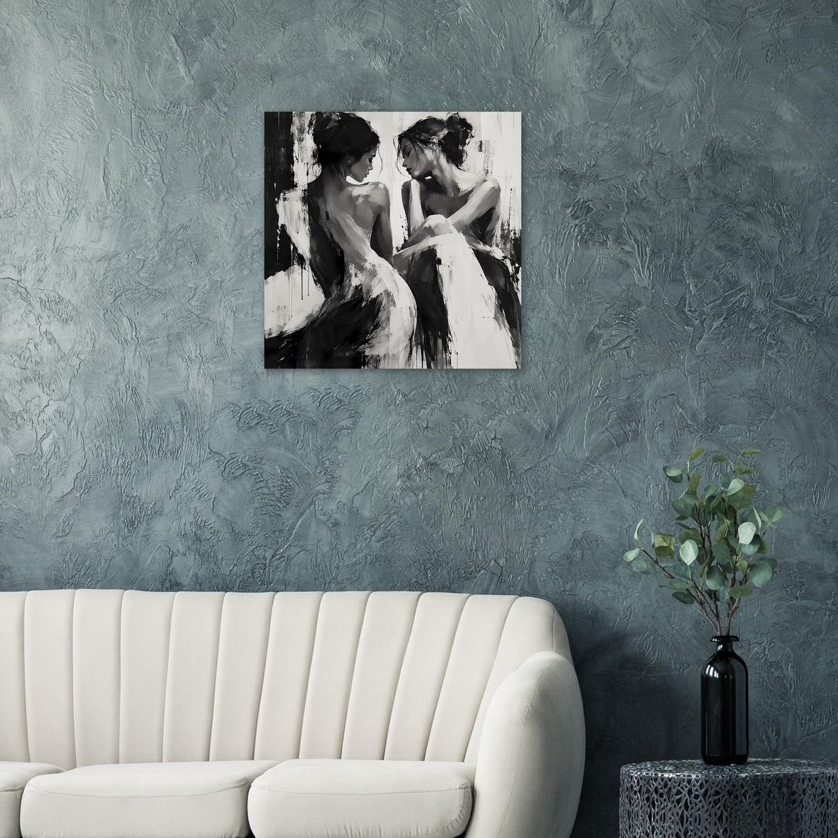 Schwarzweiß-Porträt-Poster mit zwei Frauenfiguren, expressive Schwarzweißmalerei