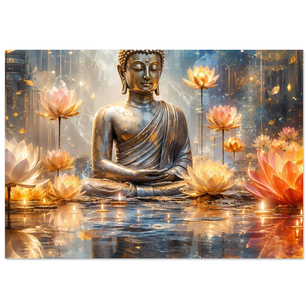 Poster mit sitzender goldener Buddhafigur im Lotussitz und leuchtenden Lotusblüten am Rand.