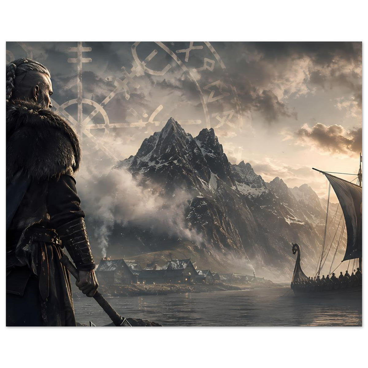 Wikingerkrieger-Poster quer: Wikinger links, gesegeltes Langschiff rechts, Berge