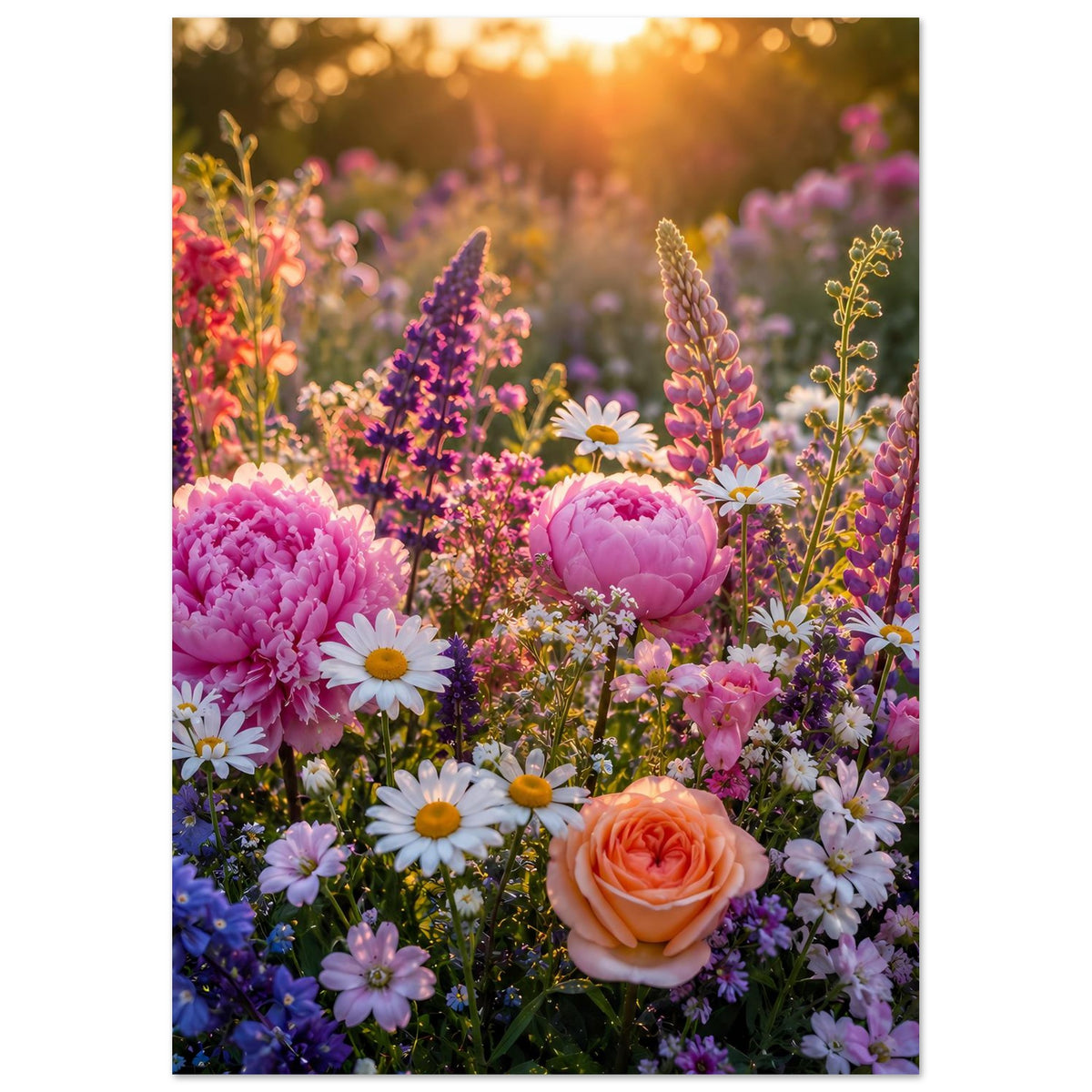 Blumenposter (vertikal) mit rosa Pfingstrosen, lila Blüten und orangefarbener Rose