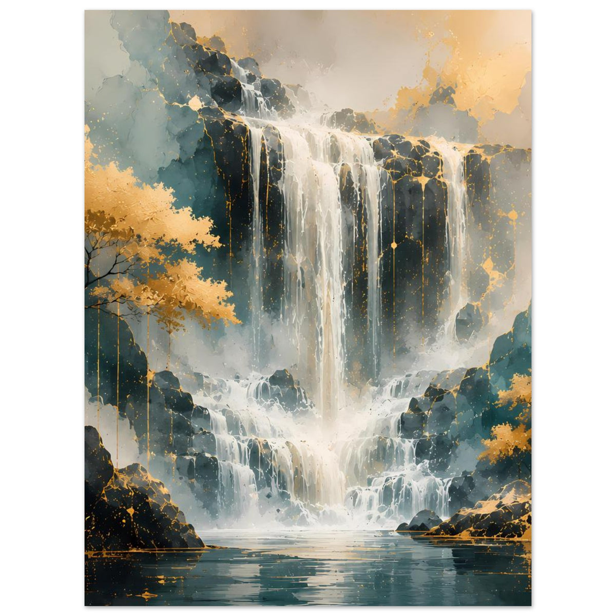 Poster mit Wasserfall-Motiv, warmen Gold- und Blautönen, in Steinwandlandschaft