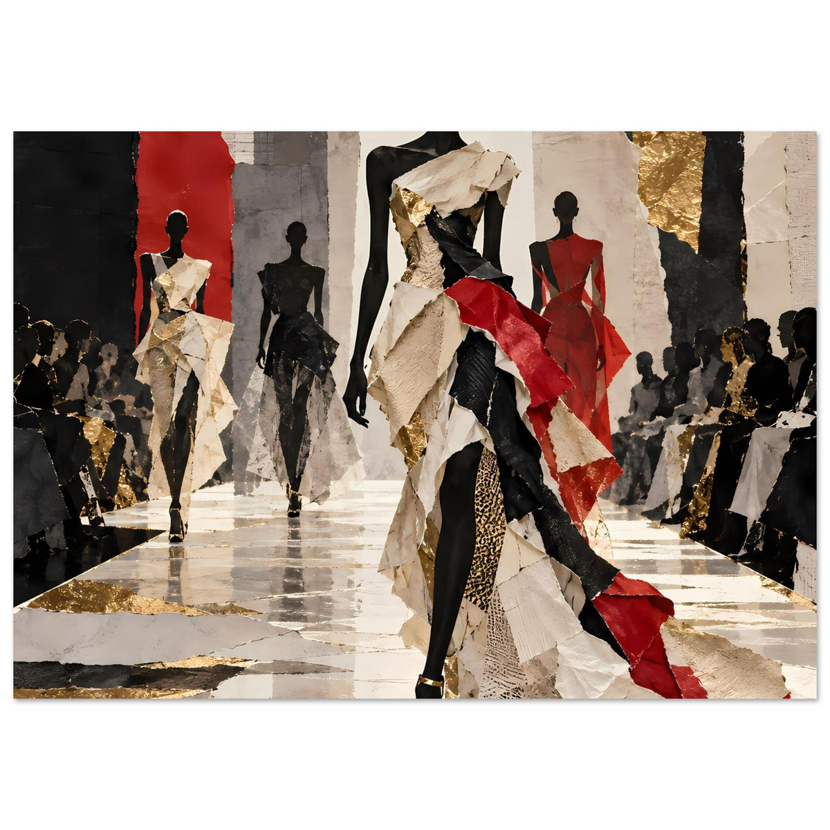 Fashion-Runway-Poster mit Modelsilhouetten und goldenen Akzenten in Rot und Schwarz