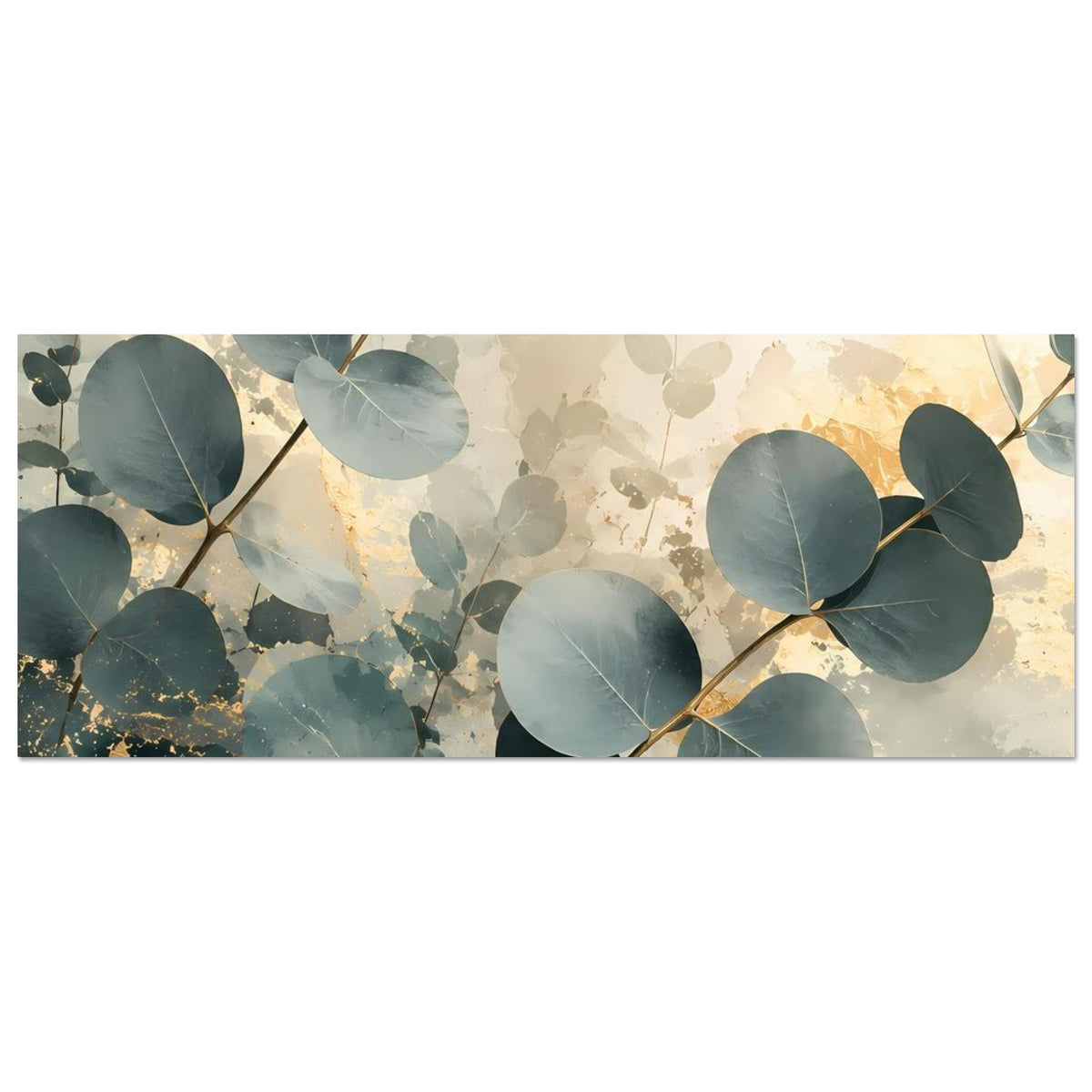 Eukalyptus-Poster horizontal mit blaugrünen Blättern, Goldsprenkeln und zarten Blüten
