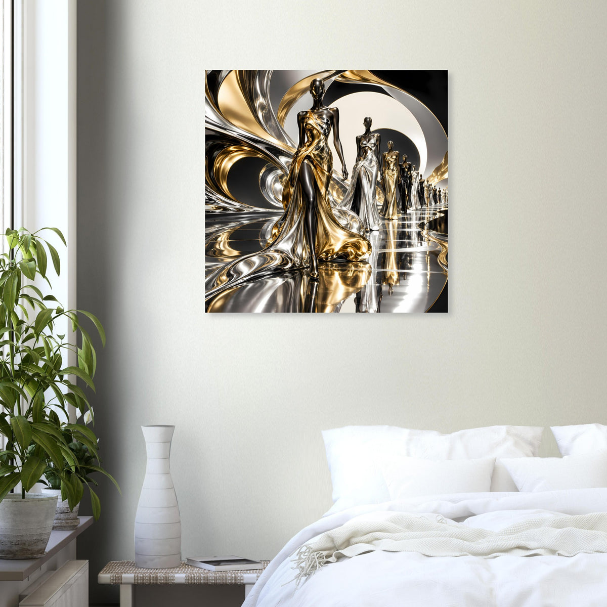 Quadratisches Poster mit gold-silberner abstrakter Figur im Kreis auf heller Wand