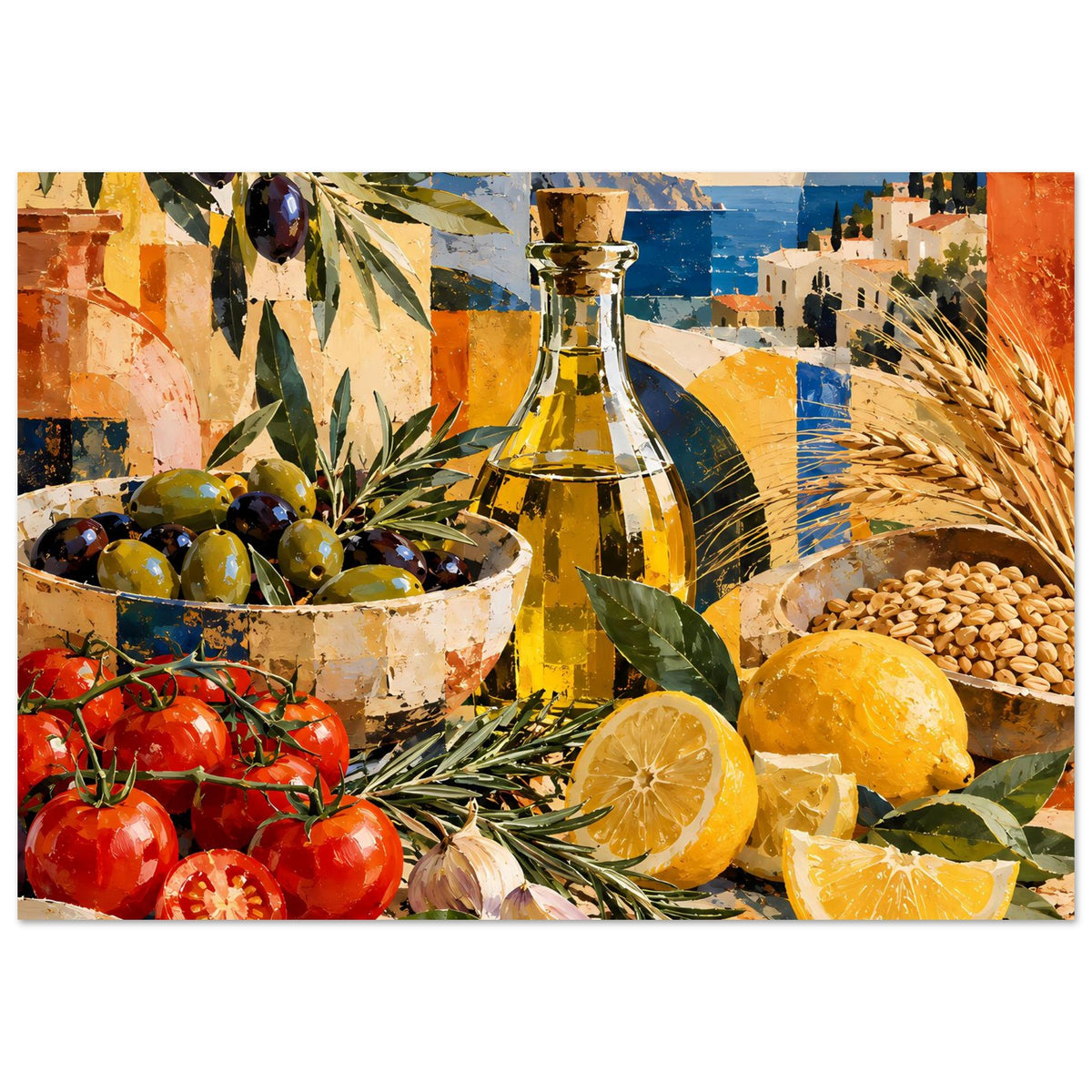 Wandposter mit mediterranem Stillleben: Ölflasche, Oliven, Tomaten, Zitronen und Kräuter