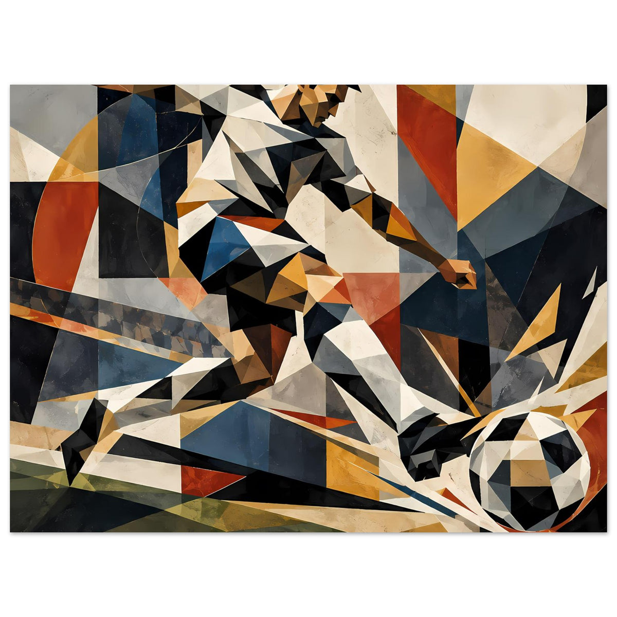 Abstraktes Poster mit geometrischem Fußballspieler, farbige Dreiecke und Fußball rechts unten