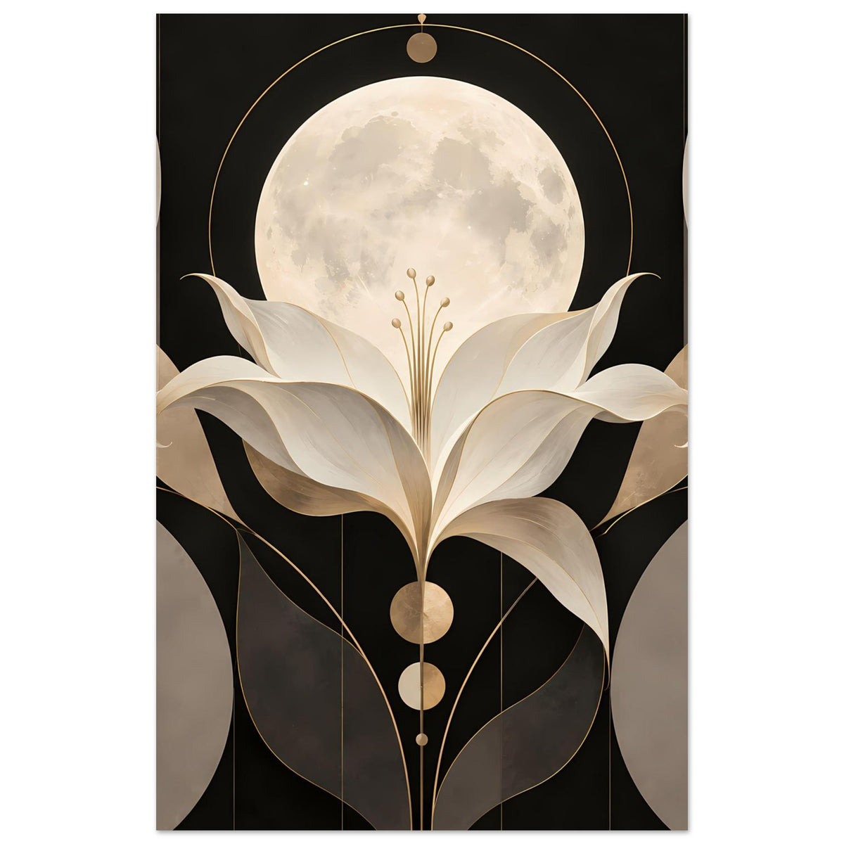 Art-déco-Poster mit cremefarbener Lilie vor Mond und goldenen Linien