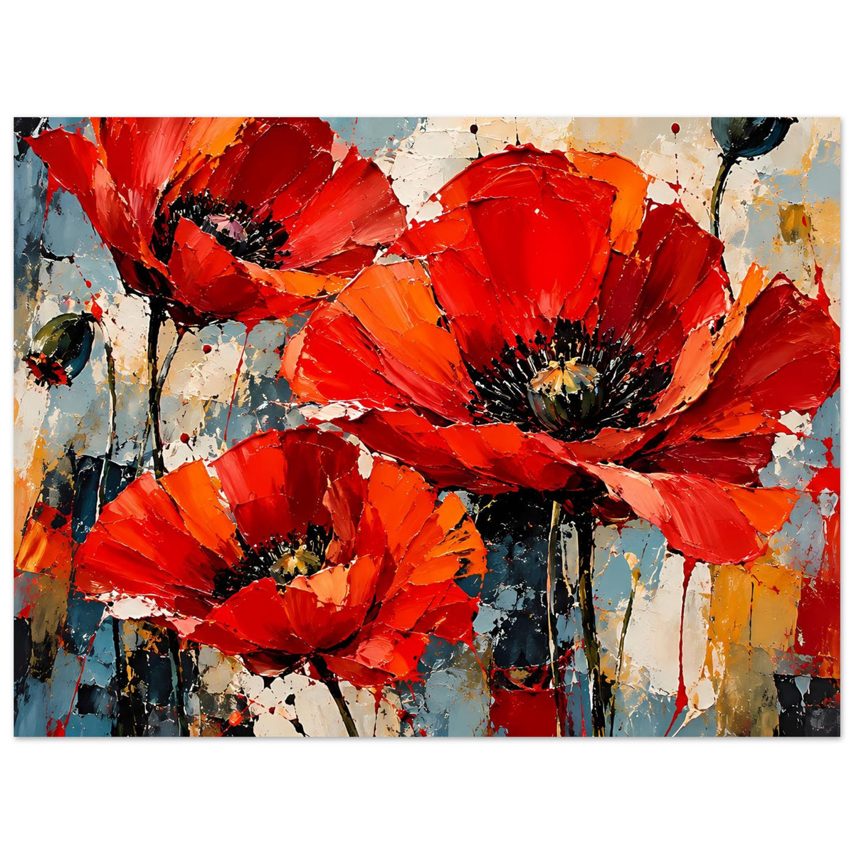 Abstraktes Poster mit roten Mohnblumen auf mattem Premiumpapier, querformatig