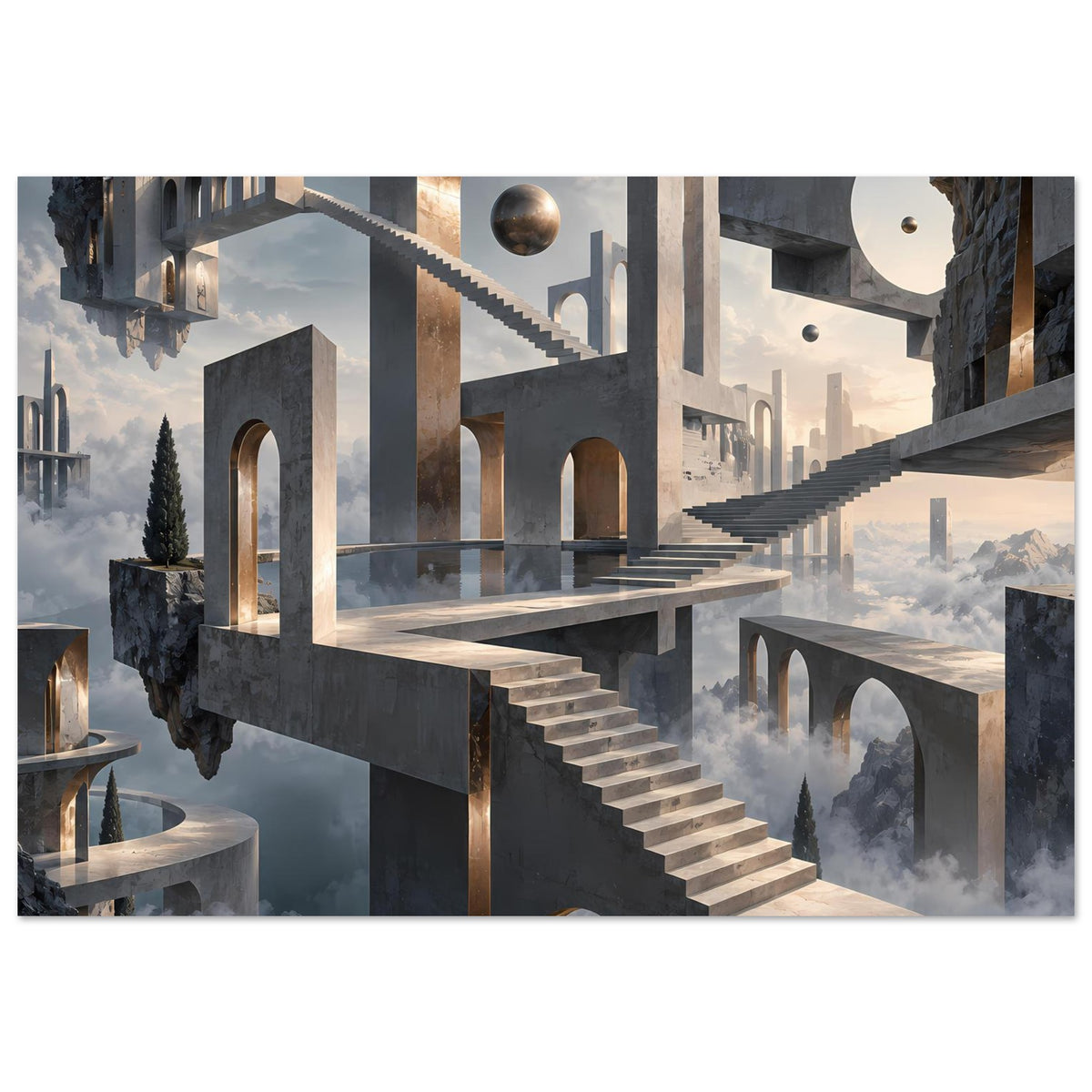Architekturposter mit schwebender Treppe, Rundbögen und goldenen Akzenten in Steinarchitektur.