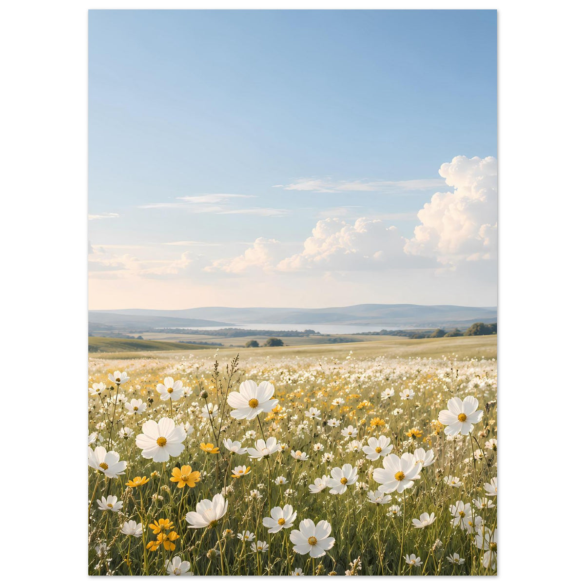 Poster mit blühender Wiese: weiße Gänseblümchen, gelbe Blüten und blauem Himmel