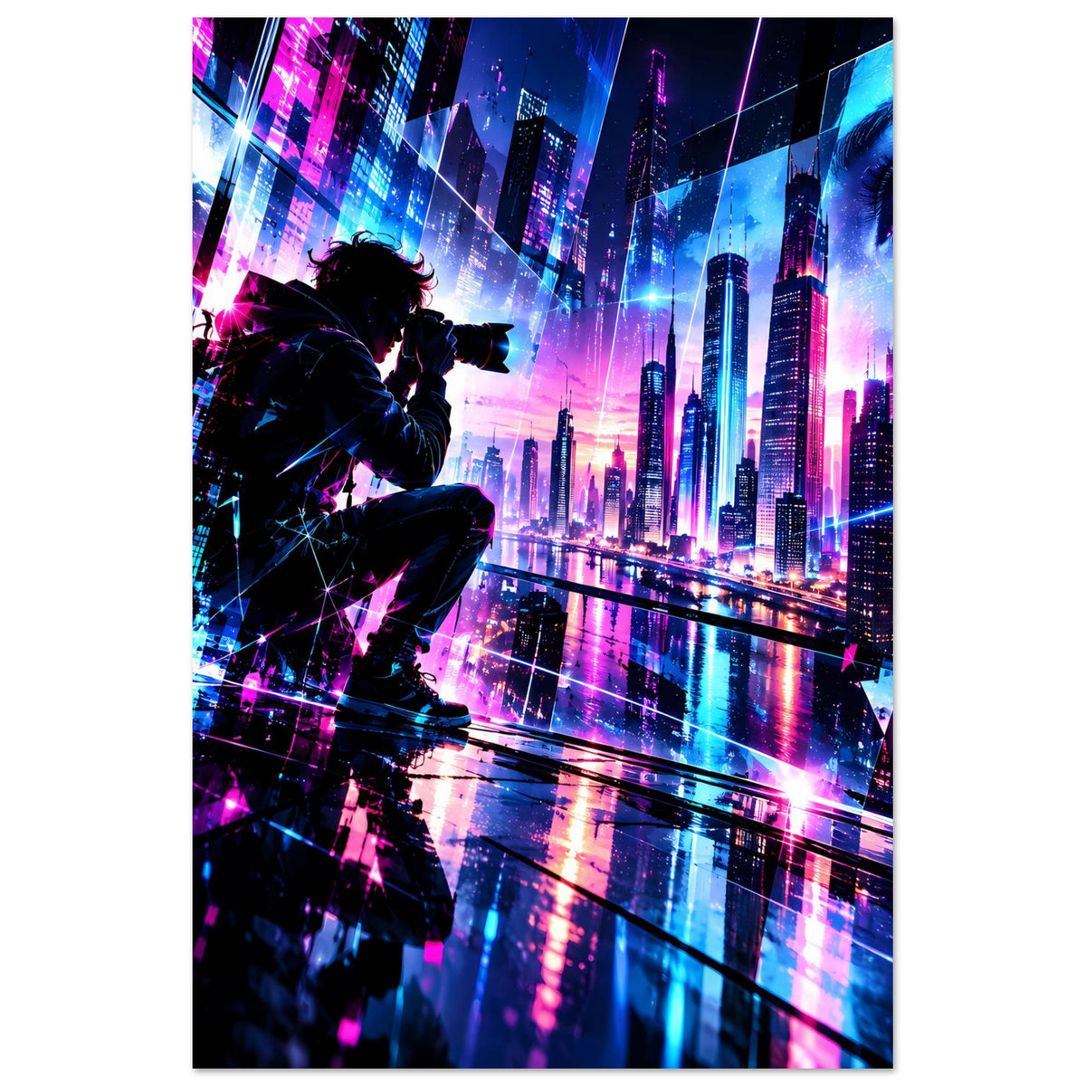 Hochformat-Poster mit Neonstadt bei Nacht und Silhouettenfigur mit Kamera