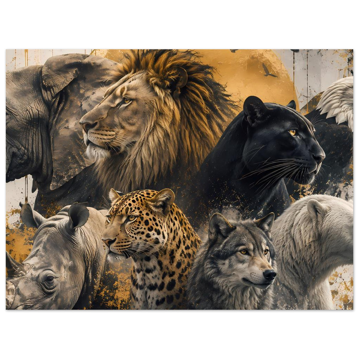 Wildtiere-Poster mit Löwe, Panther, Gepard und Wolf im Gold-Schwarz-Design