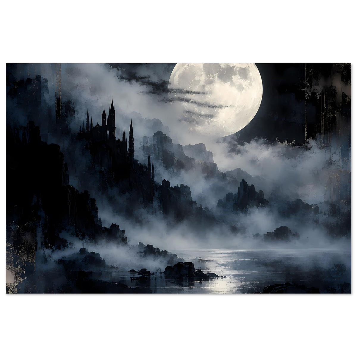 Fantasy-Poster im Querformat: Vollmond, Wolkenfelder und silhouettierte Burgtürme am Ufer