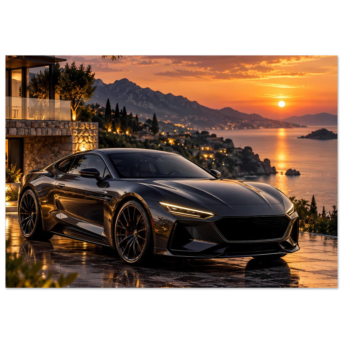 Sonnenuntergangs-Poster: schwarzer Sportwagen in 3/4-Ansicht vor Meer und Sonne