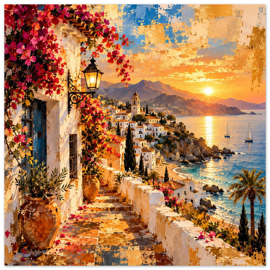 Poster mit Küstengasse, roten Blüten, Laterne, weißen Häusern und Meer bei Sonnenuntergang