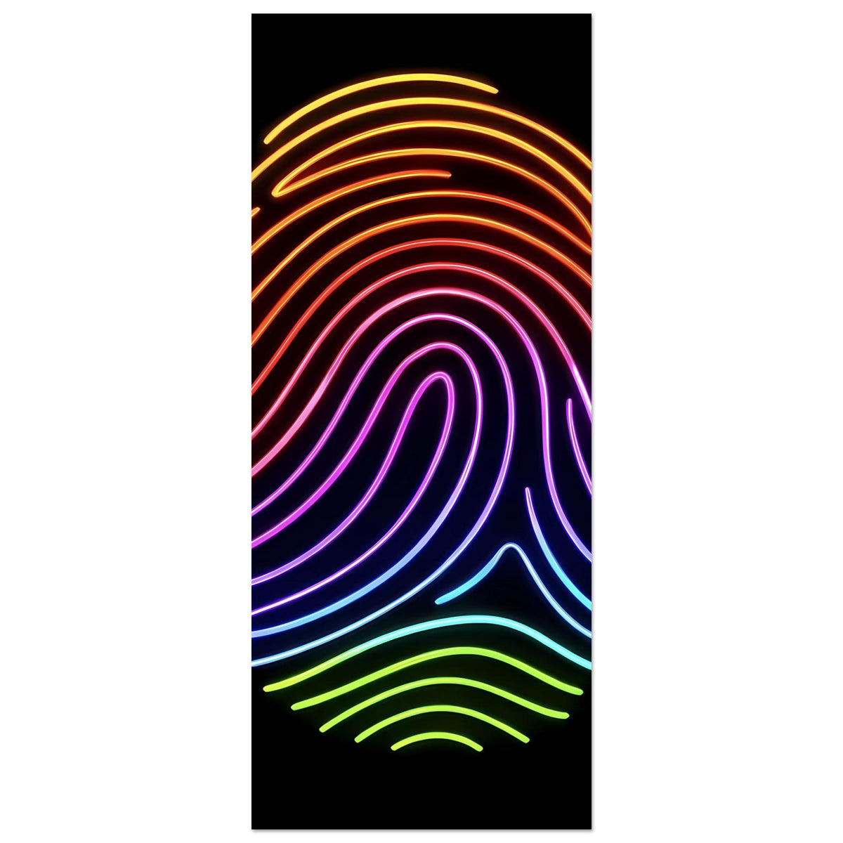 Neon-Fingerabdruckposter, vertikal zugeschnitten: regenbogenfarbene Linien auf dunklem Grund