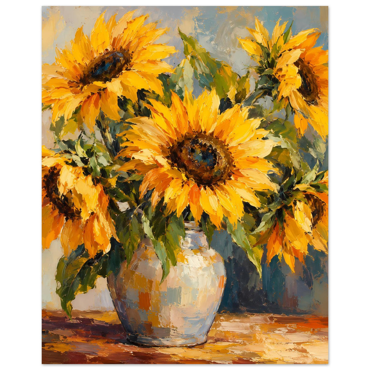 Sonnenblumen-Still-Life Poster: gelbe Blüten in weißer Keramikvase, auf mattem Papier gedruckt