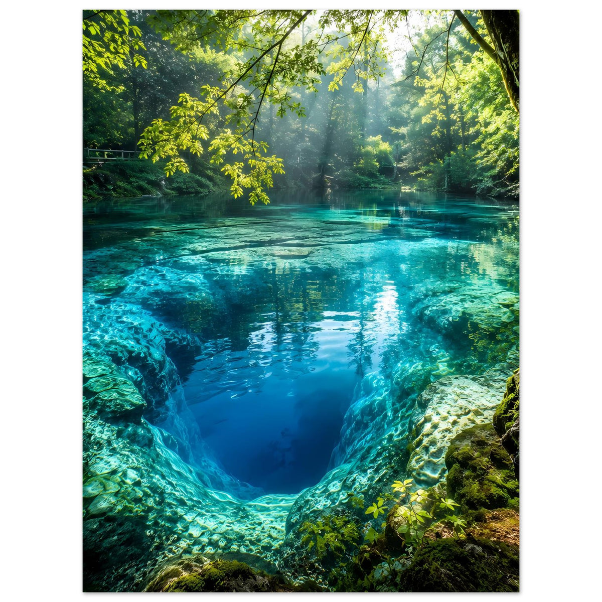 Wandposter im Hochformat mit türkisblauem Fluss zwischen Felswänden, grüne Vegetation am Rand